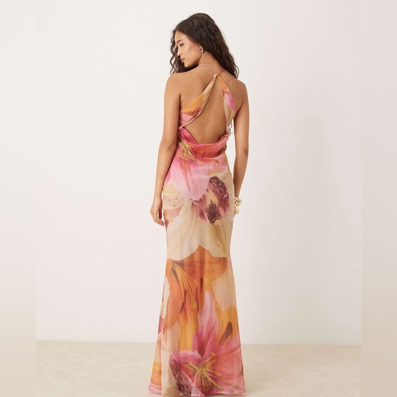 ASOS Satin chiffon maxi dress with large floral print and waterfall neckline 6 - Picture 3 of 9